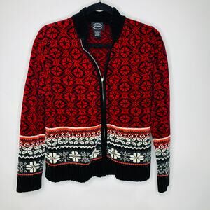 Vintage Chenille Zip Front Sweater Fair Isle Design Sz Medium Red